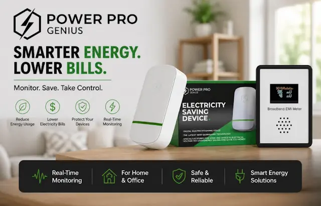 Power Pro Genius ad: 'Smarter energy. Lower bills.' showing a plug-in electricity saving device, its box, and an EMI meter