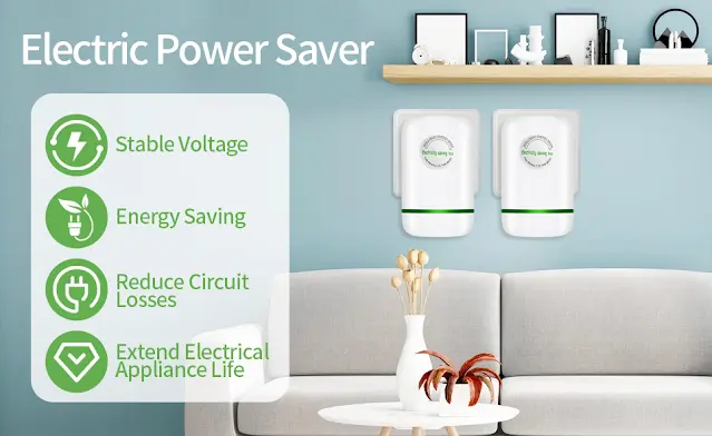 Electric Power Saver ad: two white plug-in units on a living-room wall, promoting stable voltage, energy saving, reduced circuit losses and longer appliance life